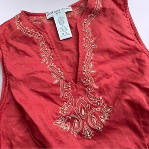 Vintage Josephine Chaus Linen Embroidered Beaded Top Burnt Orange Size 14